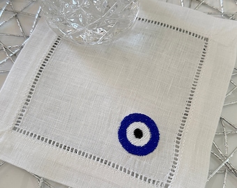 Embroidered Mini Evil Eye Linen Cocktail Napkins, Good Luck Napkin, Greek Evil Eye Decor Cocktail Napkins, Evil Eye Housewarming Gift