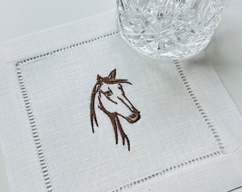 Servilletas de cóctel con caballos bordados: Juego de servilletas de lino para cena ecuestre