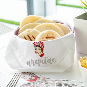 Embroidered Arepas Napkin Basket Towel, Harina Pan Logo, Casabe Basket Napkin, Arepitas Linen Napkin, Embroidered Arepa, Bread Napkin Basket