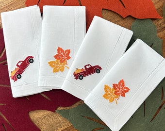 Embroidered Thanksgiving Dinner Linen Napkins, Thanksgiving Turkey Linen Napkins, Embroidered Pumpkin Cocktail Napkins, Friendsgiving Gift