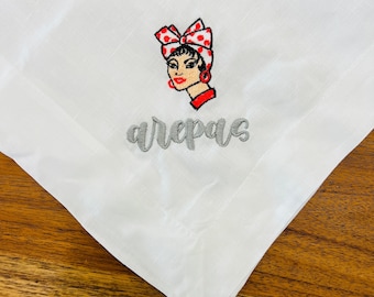 Embroidered Arepas Napkin Basket, Harina Pan Logo, Casabe Basket Napkin, Arepitas Linen Napkin, Embroidered Arepa, Bread Napkin Basket