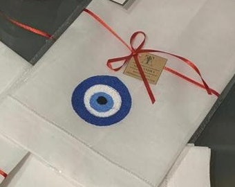 Embroidered Evil Eye Linen Towel, Good Luck Towel, Greek Evil Eye Decor Linen Towel, Evil Eye Housewarming Gift, Yoga Lover Towel