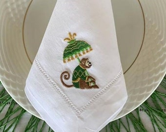 Embroidered Monkey with Parasol Dinner Napkins, Marrakech Monkey Cocktail Napkins, Chinoiserie Monkey Napkins, Fun Monkey Napkins