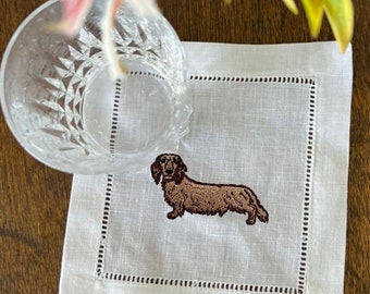 Geborduurde teckel lang haar cocktaillinnen servetten, linnen servet Weiner-hond, geborduurde teckelhanddoek, cadeauservetten hondenpaar