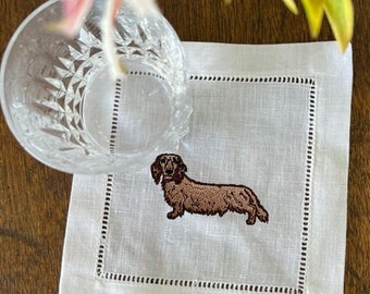 Embroidered Dachshund Long Hair Cocktail Linen Napkins, Weiner Dog Linen Napkin, Embroidered Dachshund Towel, Dog Couple Gift Napkins