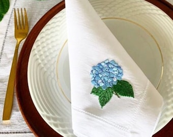 Embroidered Blue Hydrangea White Dinner Linen Napkins,  Embroidered Pink Hydrangea Cocktail Napkins, Luxury Wedding Napkins