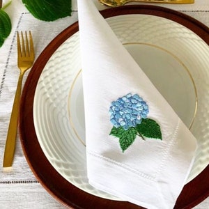 Embroidered Blue Hydrangea White Dinner Linen Napkins,  Embroidered Pink Hydrangea Cocktail Napkins, Luxury Wedding Napkins