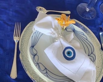 Embroidered Evil Eye Linen Dinner Napkins, Good Luck Napkin, Greek Evil Eye Decor Dinner Napkins, Evil Eye Housewarming Gift, Yoga Lover