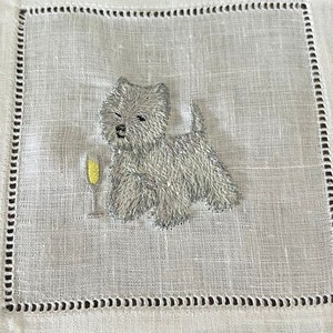 Embroidered Western Terrier Dog Cocktail Linen Napkins, Embroider Westie Terrier Napkin, Dog with Champagne Napkins, Fun Dog Drink Napkin