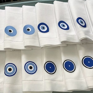 Tovaglioli da cena in lino con ricamo irregolare contro il malocchio, tovaglioli portafortuna, tovaglioli da cena con decorazioni contro il malocchio greco, regalo di inaugurazione della casa contro il malocchio