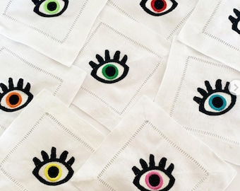 Embroidered Lashed Evil Eye Cocktail Napkin, Good Luck Napkin, Greek Evil Eye Decor Cocktail Napkins, Evil Eye Housewarming Gift, Yoga Lover