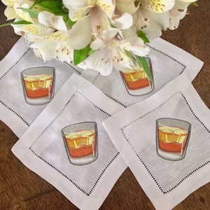Embroidered Whiskey Cocktail Linen Napkins, Bourbon on the Rocks Linen Napkin, Embroidered Bourbon Napkins, Linen Party Beverage Napkins