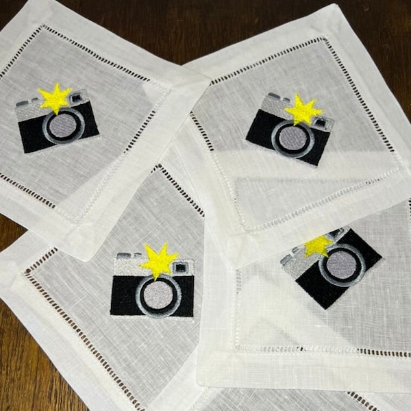 Embroidered Camera Cocktail Napkins, Embroidered Camera Napkins, Embroider Retro Camara Napkins, Custom Photographer Gift, Camera Lens Gift