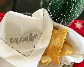 Embroidered Casabe Napkin Basket, Harina Pan Logo, Casabe Basket Napkin, Arepitas Linen Napkin, Embroidered Arepa, Bread Napkin Basket