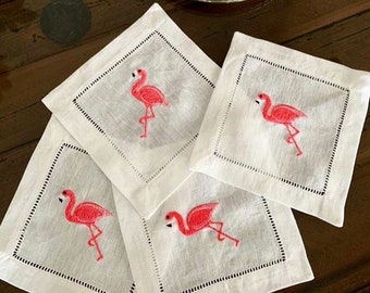 Embroidered Flamingo Cocktail Linen Napkins, Miami Flamingo Linen Napkin, Pink Flamingo Napkins, Set of White Linen Napkin