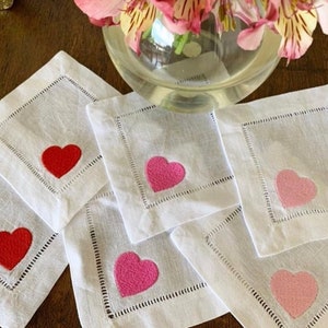 Embroidered Hearts Linen Cocktail Napkins, Valentine's Napkins, Valentine's Decor Dinner Napkins, Valentine's Girlfriend Housewarming Gift