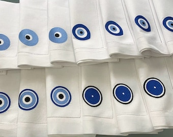 Embroidered Irregular Evil Eye Linen Dinner Napkins, Good Luck Napkin, Greek Evil Eye Decor Dinner Napkins, Evil Eye Housewarming Gift