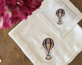 Gestickter Heißluftballon Leinen Serviette, Heißluftballon-Babyparty-Themendekor, Heißluftballon-Stickerei, Babys 1