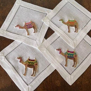 Embroidered Moroccan Camel Cocktail Napkins, Marrakech Camel Dinner Napkins, Chinoiserie Camel, Hump Day Cocktail Napkins, Egyptian Camel