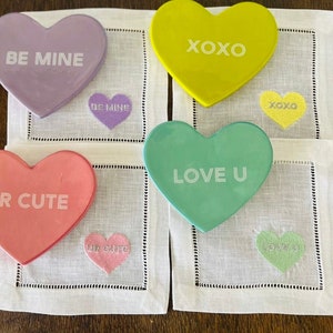 Embroidered Hearts Linen Cocktail Napkins, Valentine&#39;s Napkins, Valentine&#39;s Decor Drinks Napkins, Valentine&#39;s Girlfriend Housewarming Gift