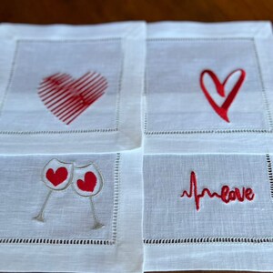 Embroidered Love Linen Cocktail Napkins, Valentine&#39;s Napkins, Valentine&#39;s Decor Dinner Napkins, Valentine&#39;s Girlfriend Housewarming Gift