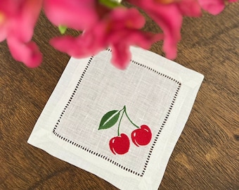 Embroidered Cherry Linen Cocktail Napkins, Cherries Custom Napkins, Embroidered Cherry Decoupage Napkins, Personalized Cherry Party Napkins