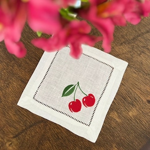 Embroidered Cherry Linen Cocktail Napkins, Cherries Custom Napkins, Embroidered Cherry Decoupage Napkins, Personalized Cherry Party Napkins