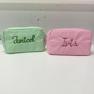 Personalized Seersucker Cosmetic Bag, Monogrammed Toiletry Bag, Travel Bag, Bridesmaid Proposal Gift, Bridesmaid Makeup Bag, Cosmetic Pouch