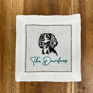 Embroidered Boykin Spaniel Dog Cocktail Linen Napkins, Embroider Puppy Linen Napkin, Dog with Champagne Napkin, Fun Dog Drink Napkin