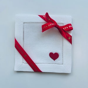 Embroidered Hearts Linen Cocktail Napkins, Valentine&#39;s Napkins, Valentine&#39;s Decor Drinks Napkins, Valentine&#39;s Girlfriend Housewarming Gift