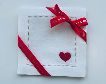 Embroidered Hearts Linen Cocktail Napkins, Valentine's Napkins, Valentine's Decor Drinks Napkins, Valentine's Girlfriend Housewarming Gift