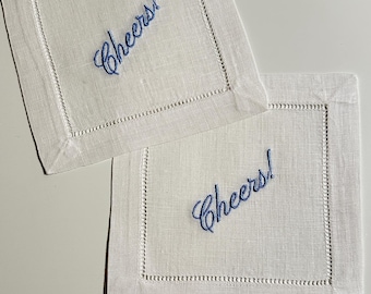Embroidered Cheers Cocktail Linen Napkin, Personalized Cocktail Napkin, Drinks Cocktail Napkin, Cheers Napkin Embroidery