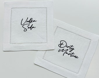Embroidered Custom Drink Cocktail Linen Napkin, Custom Monogram Linen Napkin, Personalized Cocktail Napkin, Wedding Gift Linen Napkin