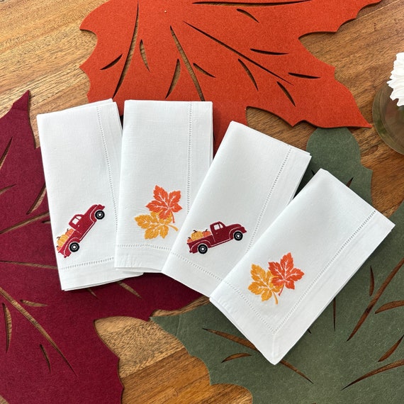 Embroidered Thanksgiving Dinner Linen Napkins, Thanksgiving Turkey Linen Napkins, Embroidered Pumpkin Cocktail Napkins, Friendsgiving Gift