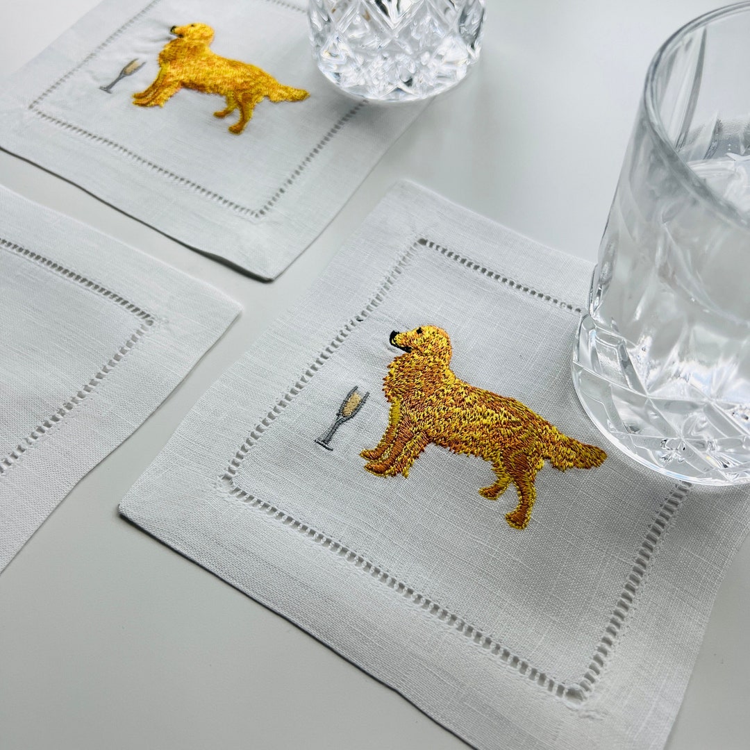Embroidered Golden Retriever Dog Cocktail Linen Napkins, Embroider Puppy Linen Napkin, Dog with Champagne Napkin, Fun Dog with Drink Napkin