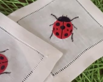 Red Ladybug Embroidered Cocktail Napkins, Linen Hostess Gift, Cute Lady Bug Embroidery, Small Ladybug Party Decor
