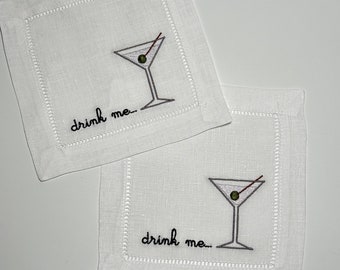 Embroidered Martini with Olive Linen Napkins, Bar Cart Cocktail Napkins, Martini Embroidered Napkins, Drink Embroidered Napkins