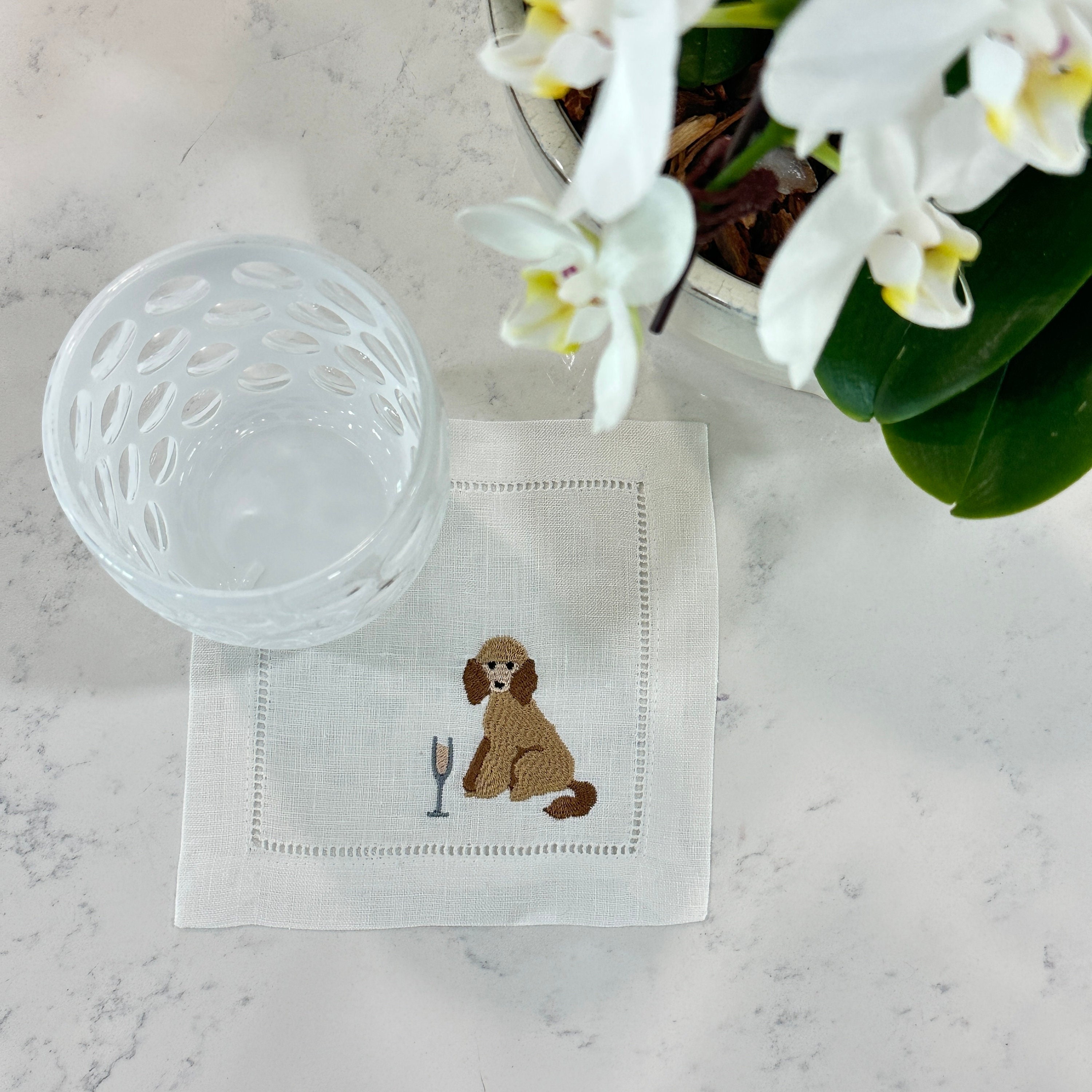 Embroidered Poodle Dog Cocktail Linen Napkins, Embroider Puppy Linen Napkin, Dog with Champagne Napkin, Fun Dog with Drink Napkin