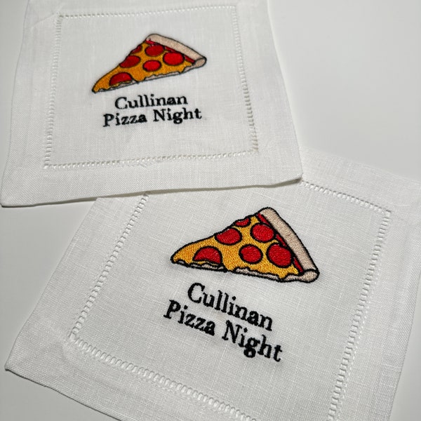 Embroidered Pizza Cocktail Linen Napkins, Pizza Party Linen Napkin, Embroidered Pizza Napkins, Pizza Lover Fun Gift, Pizza Party Table Decor