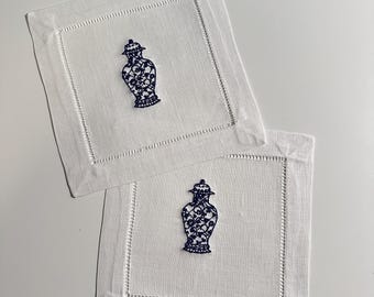 Servilletas de lino azul estilo chinoiserie para cóctel, servilletas de porcelana azul y blanca estilo chinoiserie para jarrón, servilletas estilo chinoiserie para jarrón con bordado