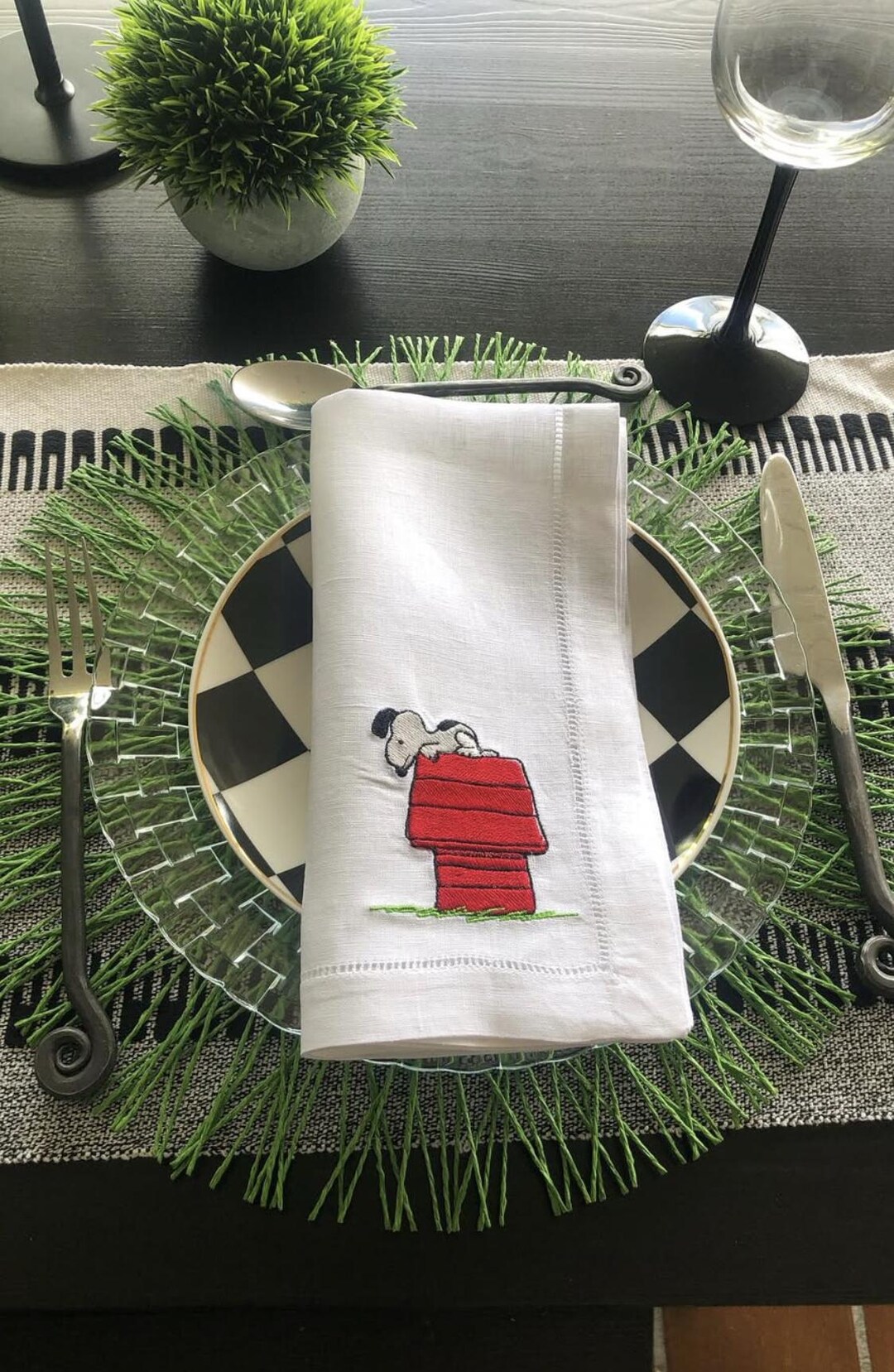 Embroidered Snoopy Linen Dinner Napkins, Dog Custom Napkins ...