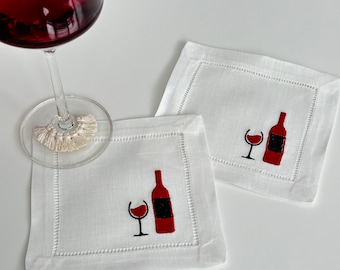 Embroidered Cocktails Linen Napkins, Bar Cart Cocktail Napkins, Wine Embroidered Napkins, Drinks Embroidered Napkins, Embroidered WineBottle