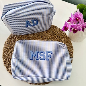 Personalized Seersucker Cosmetic Bag, Monogrammed Toiletry Bag, Travel Bag, Bridesmaid Proposal Gift, Bridesmaid Makeup Bag, Cosmetic Pouch