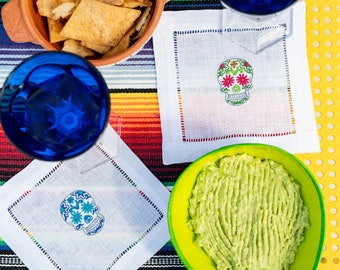 Embroidered Catrinas Set of Linen Napkins, Embroidered Skull Napkin, Calavera Napkins, Colorful Catrinas Napkins, Mexican Cocktail Napkins