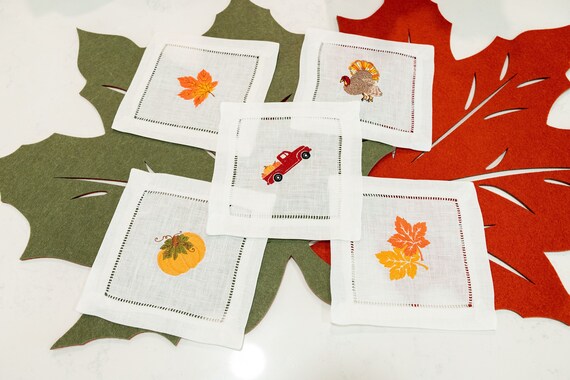 Embroidered Thanksgiving Cocktail Linen Napkins, Thanksgiving Turkey Linen Napkins, Embroidered Pumpkin Napkins, Friendsgiving Gift