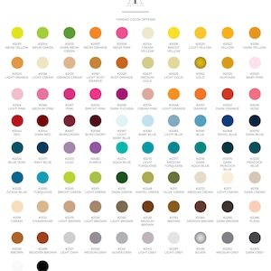 May include: A color chart titled Thread Color Options by TA Designs, featuring a grid of circular swatches in various hues. Each circle is labeled with a unique four-digit number and a corresponding color name, ranging from neon to neutral tones.