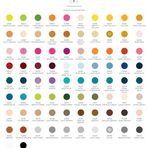May include: A chart of 100 different thread colors with their corresponding hex codes. The colors are arranged in a grid pattern and are labeled with their names and hex codes.