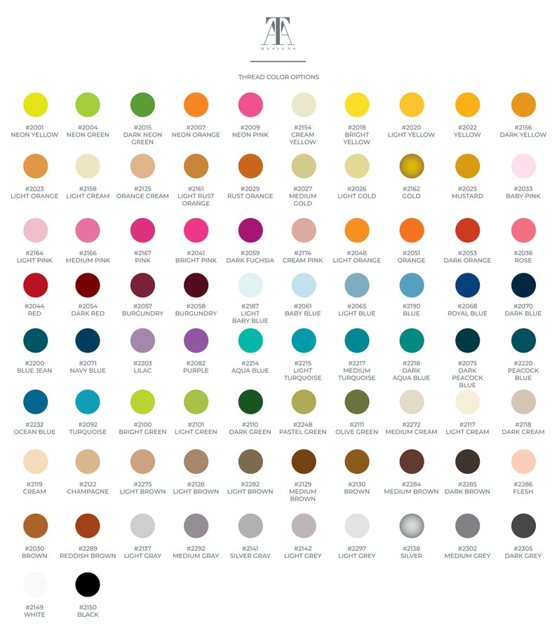 May include: A chart of 100 different thread colors with their corresponding hex codes. The colors are arranged in a grid pattern and are labeled with their names and hex codes.