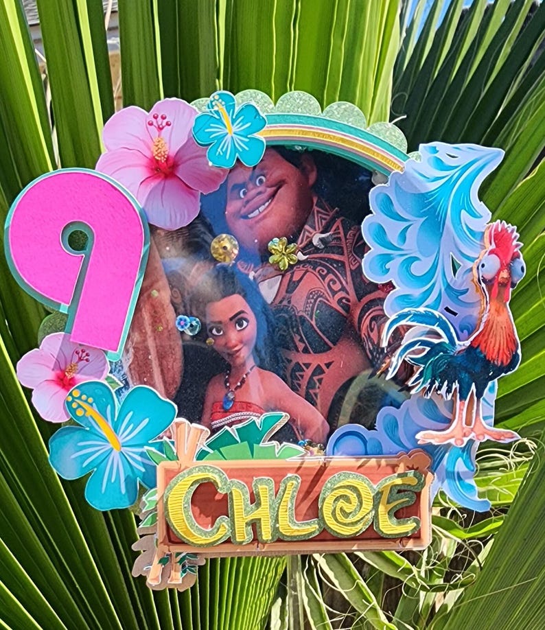 Maui cake topper, Maui birthday cake topper, blue and pink island girl topper, custom moana party favors, Maui theme party banners image 1