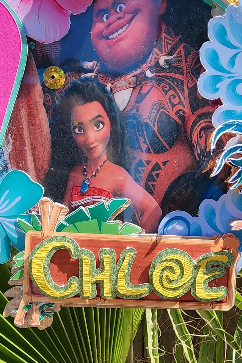 Maui cake topper, Maui birthday cake topper, blue and pink island girl topper, custom moana party favors, Maui theme party banners image 5